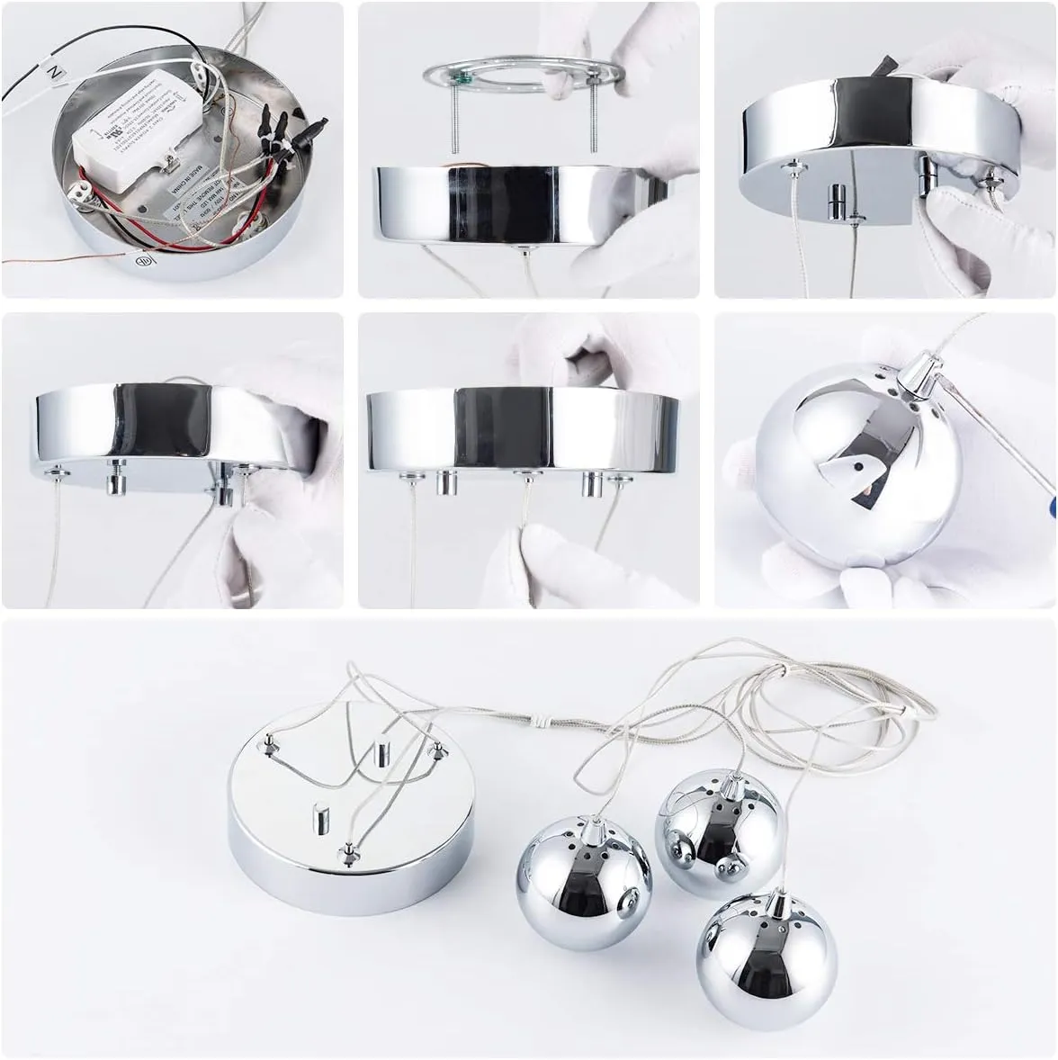 3-Light LED Light Metal & Acrylic Globe Ceiling Pendant Light, Dimmable Modern Globular Kitchen Island Light for Living Room Dining Room Cafe Bar Restaurant, Polished Chrome Finish