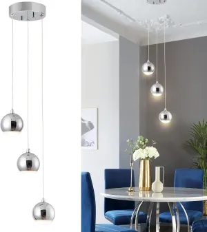 3-Light LED Light Metal & Acrylic Globe Ceiling Pendant Light, Dimmable Modern Globular Kitchen Island Light for Living Room Dining Room Cafe Bar Restaurant, Polished Chrome Finish