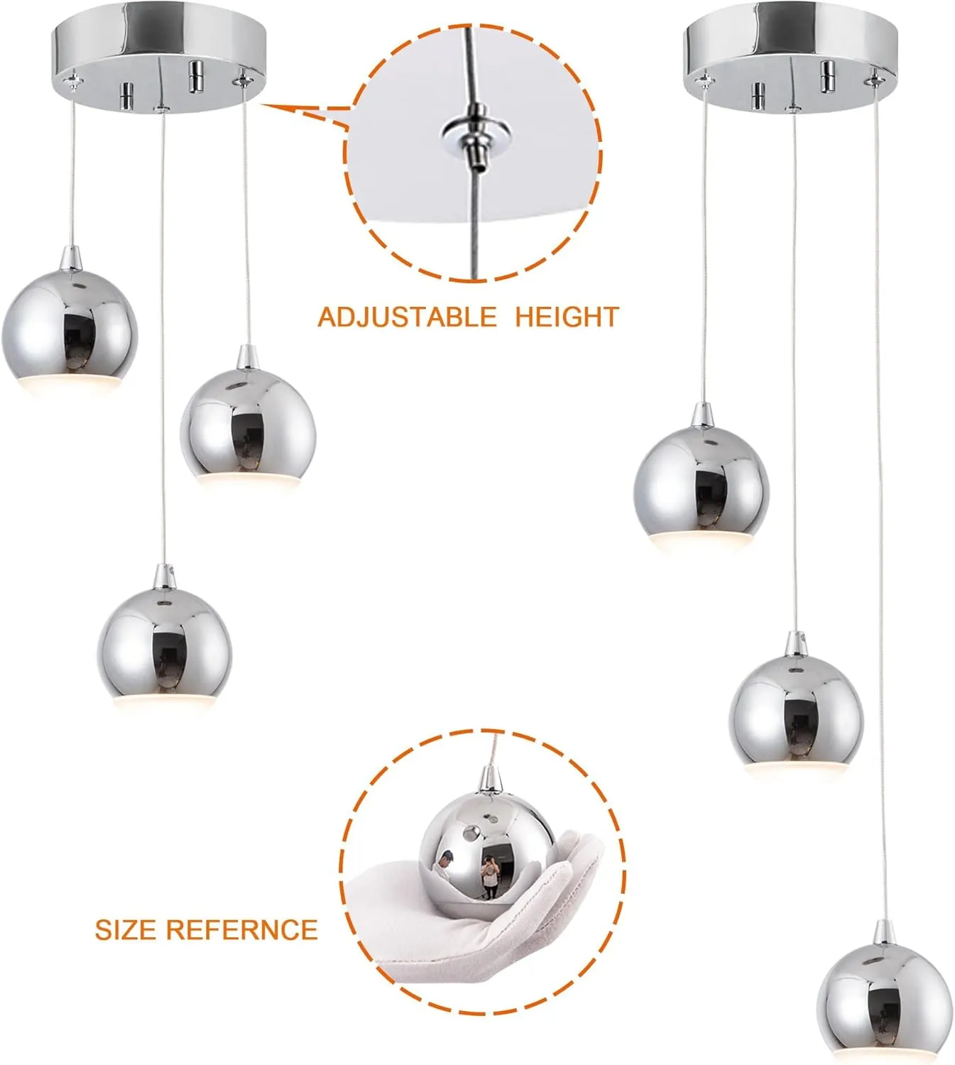 3-Light LED Light Metal & Acrylic Globe Ceiling Pendant Light, Dimmable Modern Globular Kitchen Island Light for Living Room Dining Room Cafe Bar Restaurant, Polished Chrome Finish
