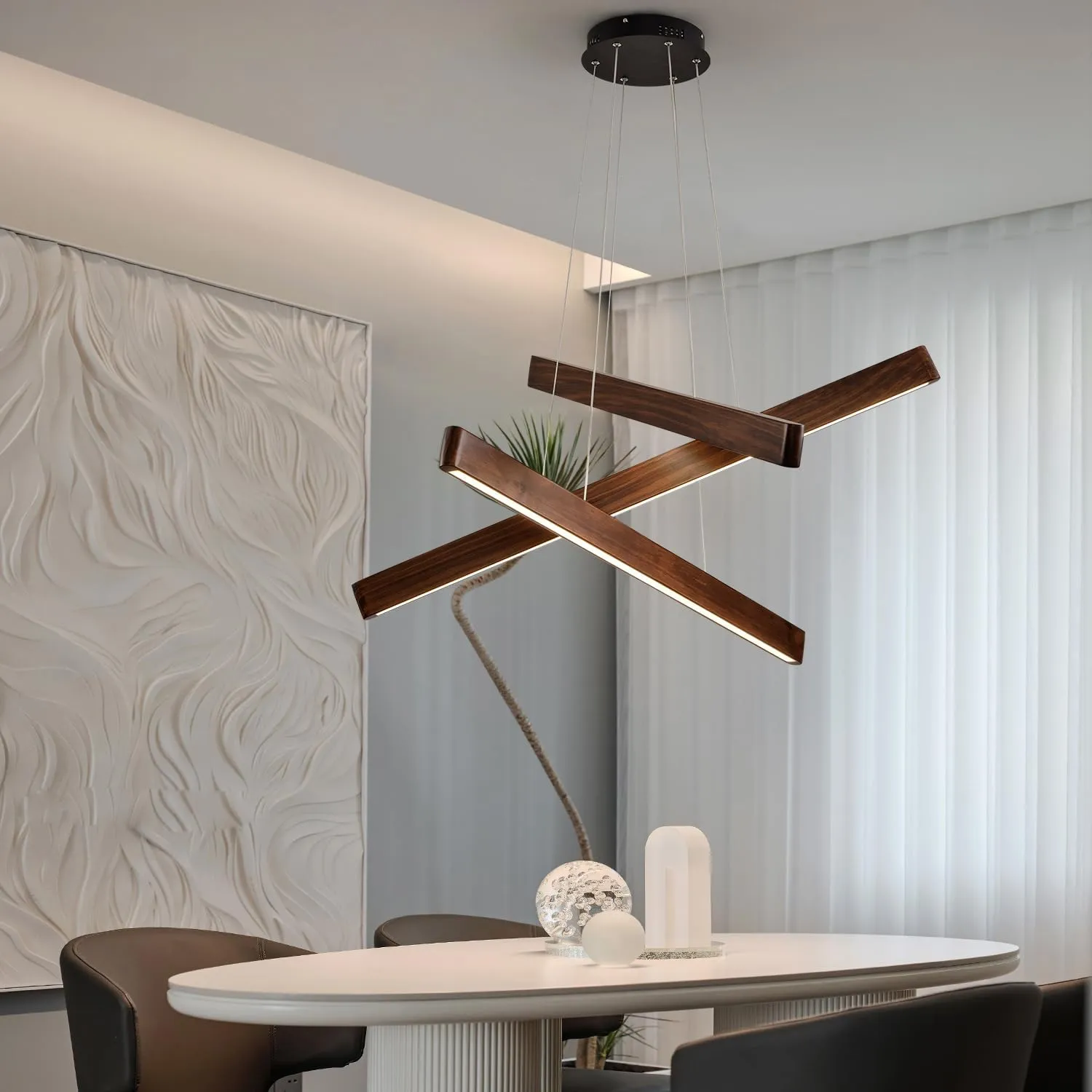 3-Light Linear Pendant Dining Room Light Fixture Modern Led Chandeliers for Living Room Dimmable Wood Ceiling Pendant Light 45W for Living Room Dining Room Kitchen Island Walnut Color