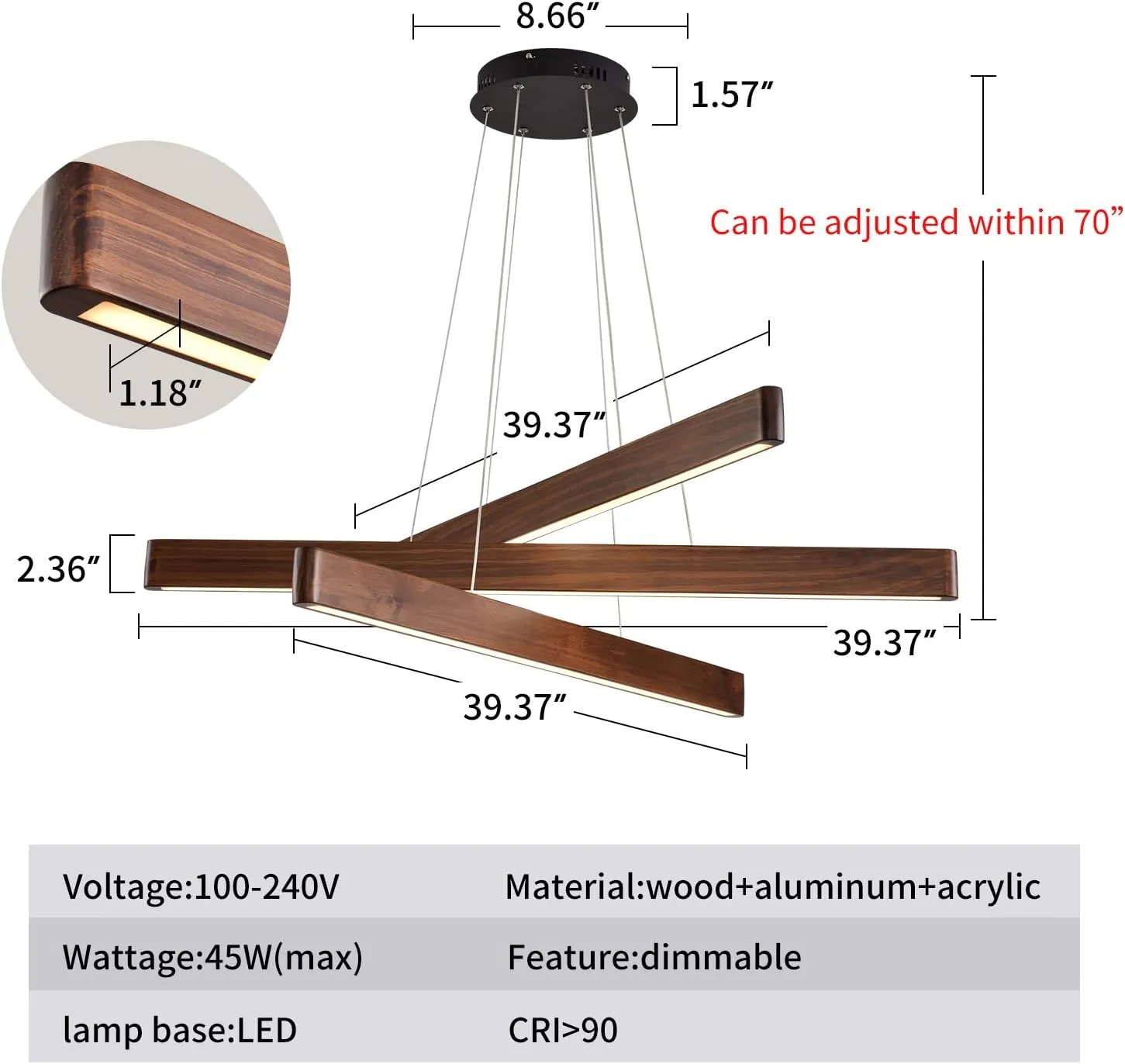 3-Light Linear Pendant Dining Room Light Fixture Modern Led Chandeliers for Living Room Dimmable Wood Ceiling Pendant Light 45W for Living Room Dining Room Kitchen Island Walnut Color