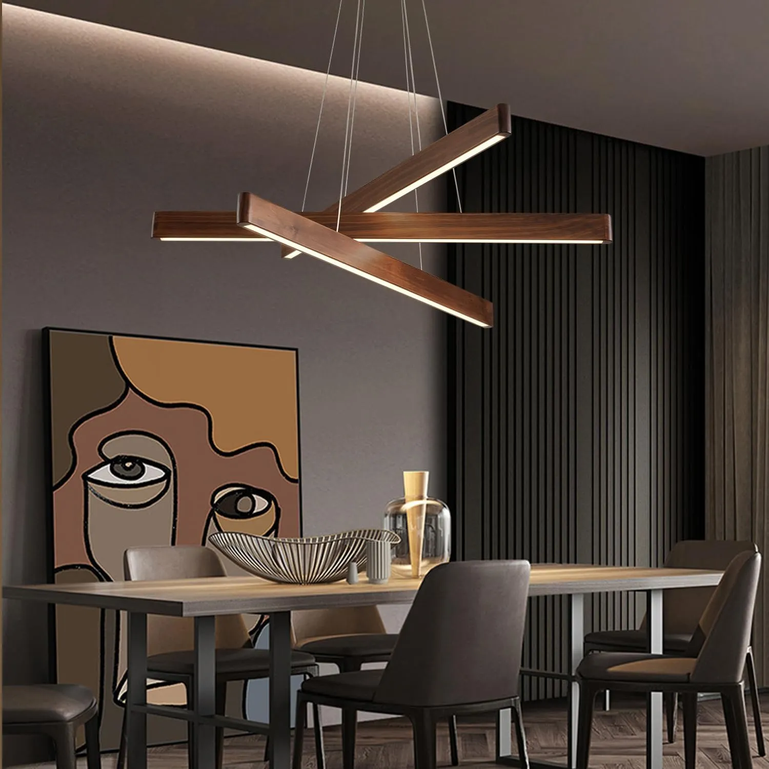 3-Light Linear Pendant Dining Room Light Fixture Modern Led Chandeliers for Living Room Dimmable Wood Ceiling Pendant Light 45W for Living Room Dining Room Kitchen Island Walnut Color