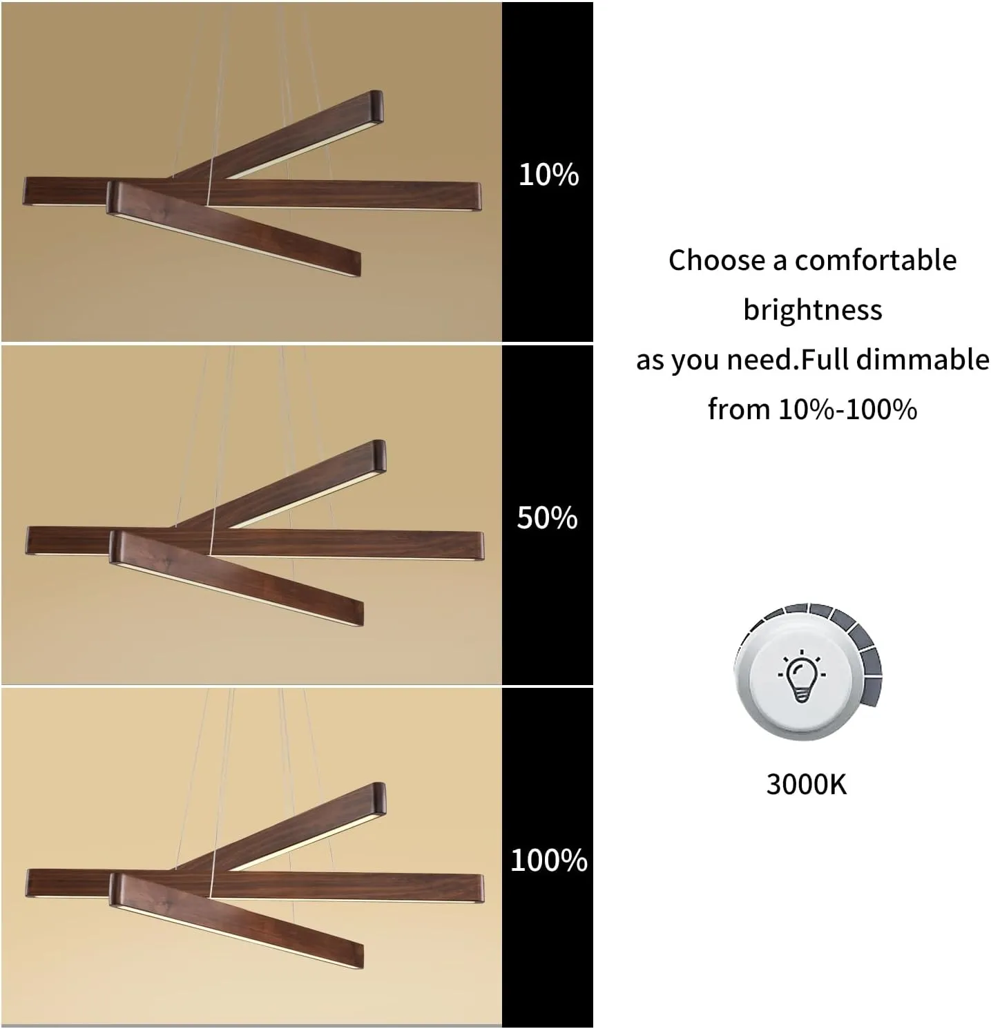 3-Light Linear Pendant Dining Room Light Fixture Modern Led Chandeliers for Living Room Dimmable Wood Ceiling Pendant Light 45W for Living Room Dining Room Kitchen Island Walnut Color