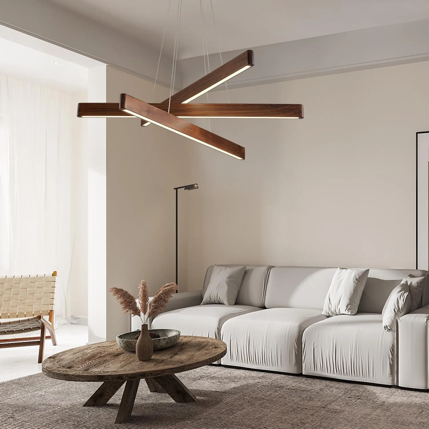 3-Light Linear Pendant Dining Room Light Fixture Modern Led Chandeliers for Living Room Dimmable Wood Ceiling Pendant Light 45W for Living Room Dining Room Kitchen Island Walnut Color