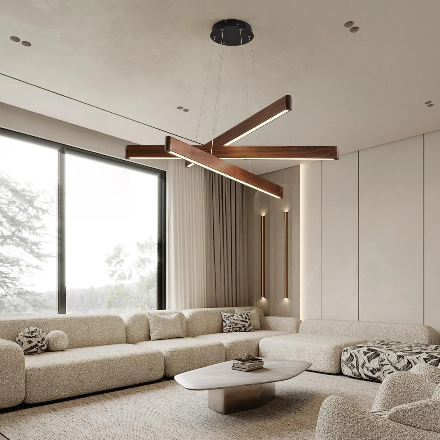 3-Light Linear Pendant Dining Room Light Fixture Modern Led Chandeliers for Living Room Dimmable Wood Ceiling Pendant Light 45W for Living Room Dining Room Kitchen Island Walnut Color
