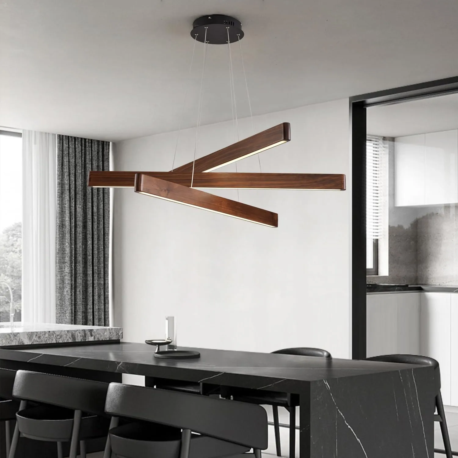 3-Light Linear Pendant Dining Room Light Fixture Modern Led Chandeliers for Living Room Dimmable Wood Ceiling Pendant Light 45W for Living Room Dining Room Kitchen Island Walnut Color