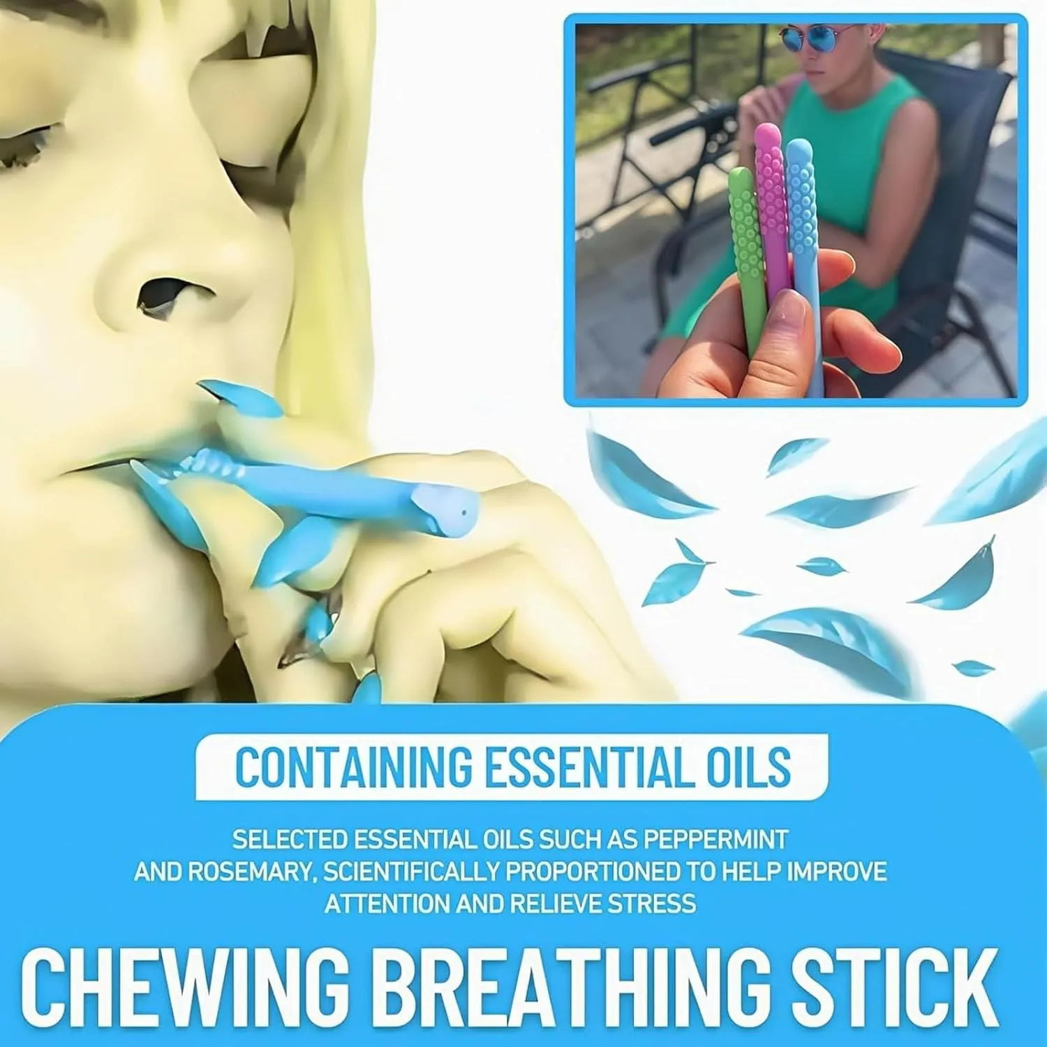 3 Pcs Chewable Essential Oil Breath Stick, chewable Breather Sticks, chewable Breather Sticks Quit Smoking, Portable, Refreshing Citrus Mint, Fresh Breath Anywhere (2 Pcs Blue)