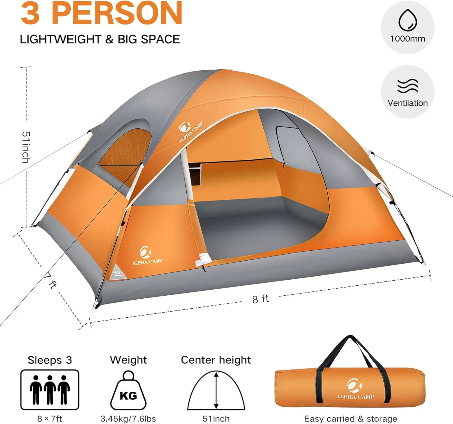 3 Person Backpacking Tent,Portable Lightweight Waterproof Windproof Easy Setup Backpacking Tent,Great for Camping Hiking Mountaineering