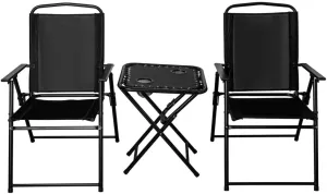 3-Piece Camping Chair and Table Set - Folding Chairs with Cupholder Table, for Picnics, Tailgating, Beach Days(BK*10)