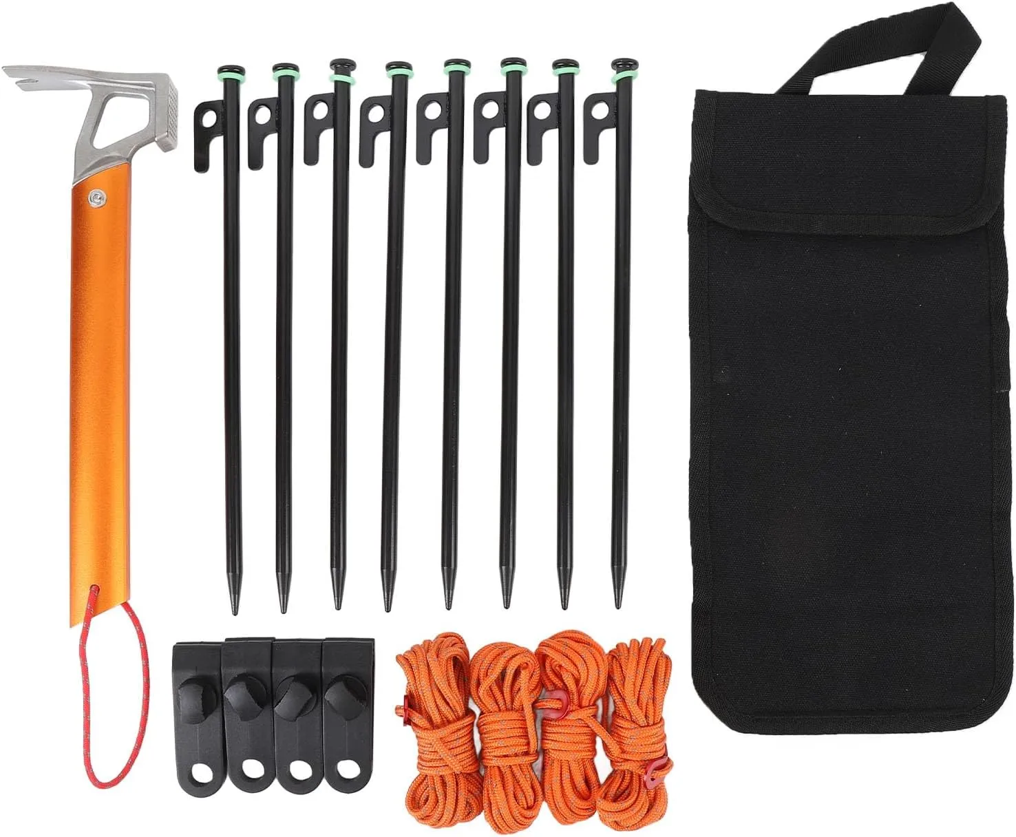30cm Aluminum Tent Stakes,High Reflective Guy Lines 4mm Tent Cords High Strength Lightweight Camp Ropes with Glow in The Dark Adjuster Tensioner for Tent, Small Claw Hammer (Black Orange)