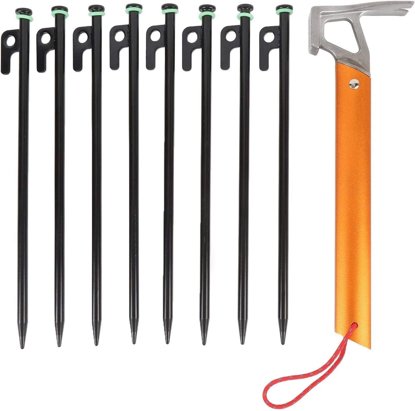 30cm Aluminum Tent Stakes,High Reflective Guy Lines 4mm Tent Cords High Strength Lightweight Camp Ropes with Glow in The Dark Adjuster Tensioner for Tent, Small Claw Hammer (Black Orange)
