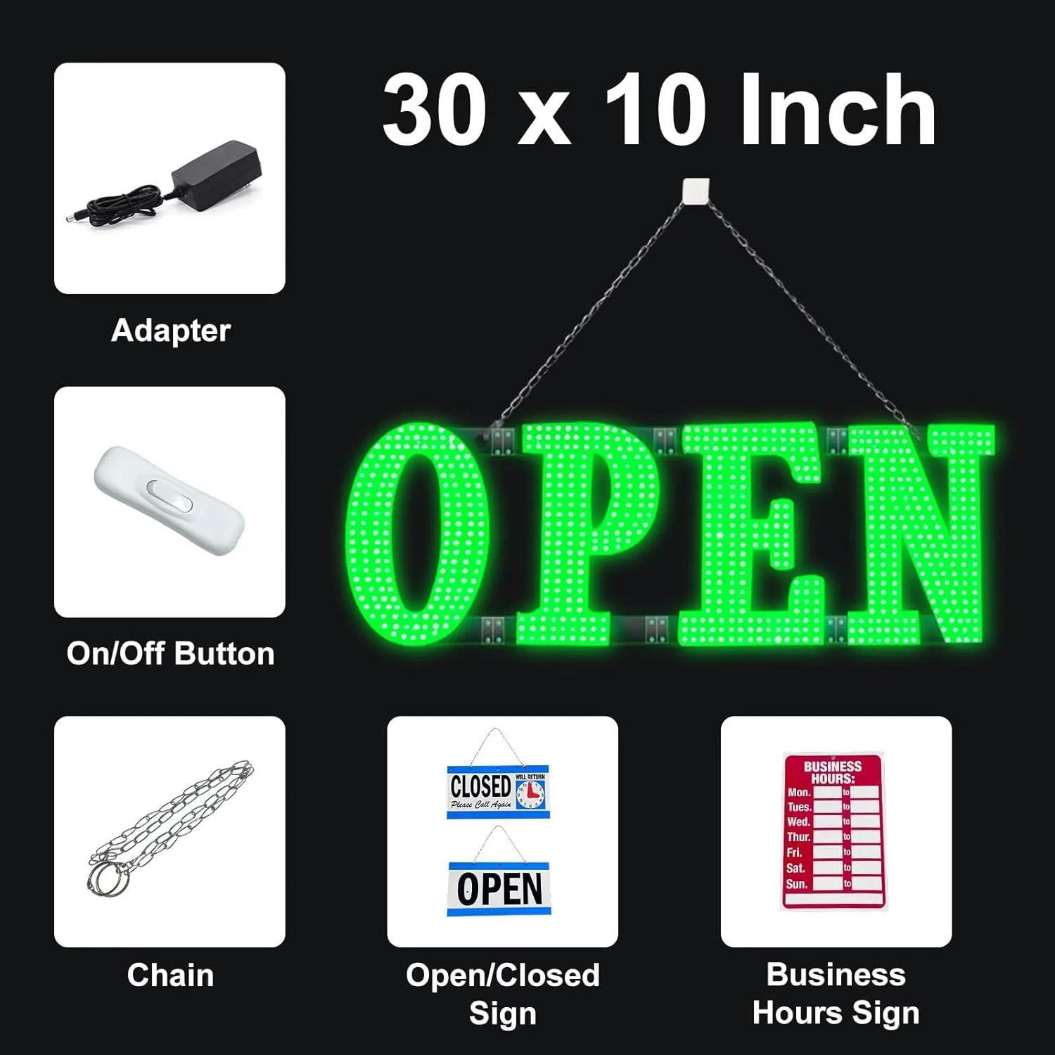 30"x10" Large LED Open Signs for Business Super Bright Unique Design Open Sign with Hanging Installation for Window Stores Bar Hotel Retail Shops Salon Restaurant Office Green