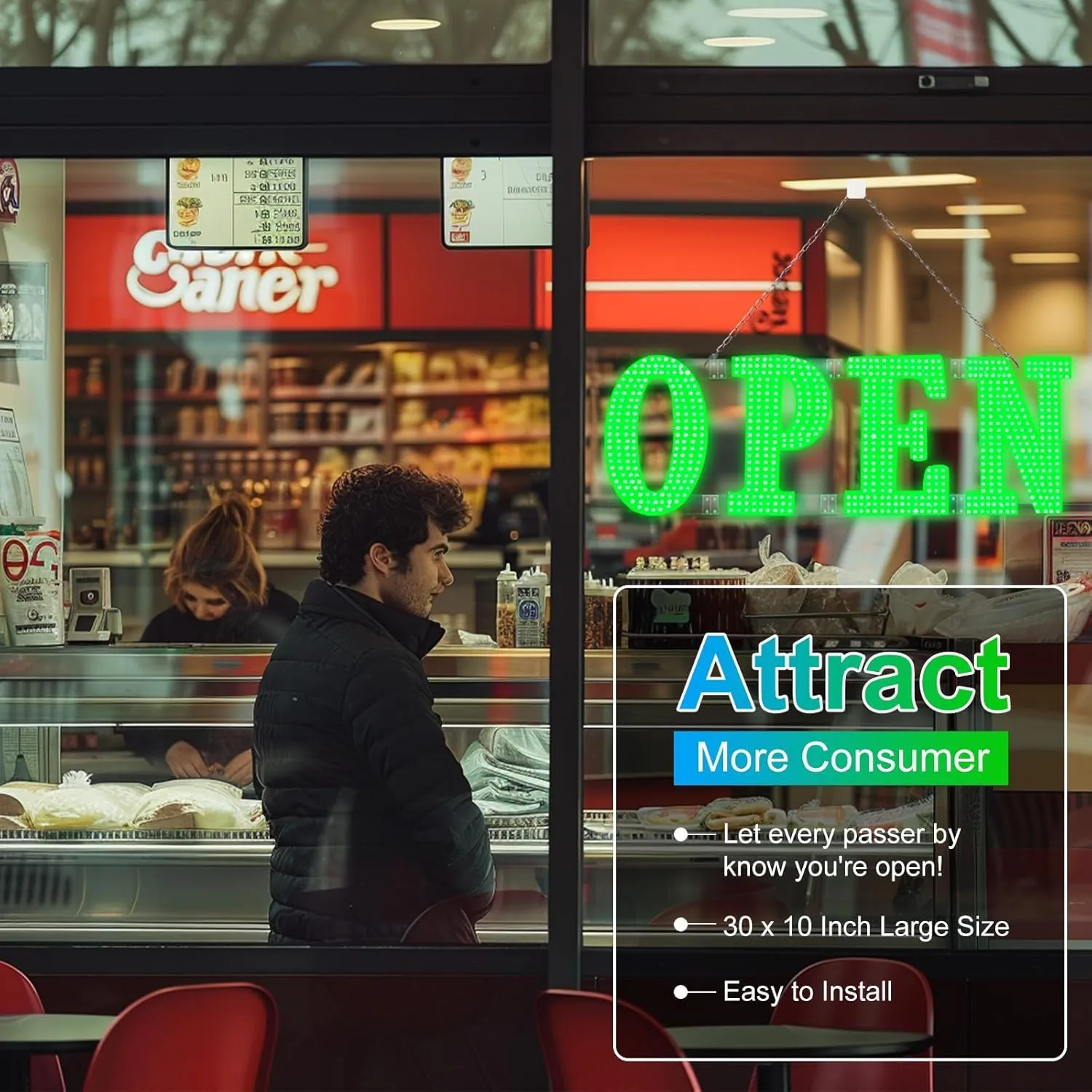 30"x10" Large LED Open Signs for Business Super Bright Unique Design Open Sign with Hanging Installation for Window Stores Bar Hotel Retail Shops Salon Restaurant Office Green