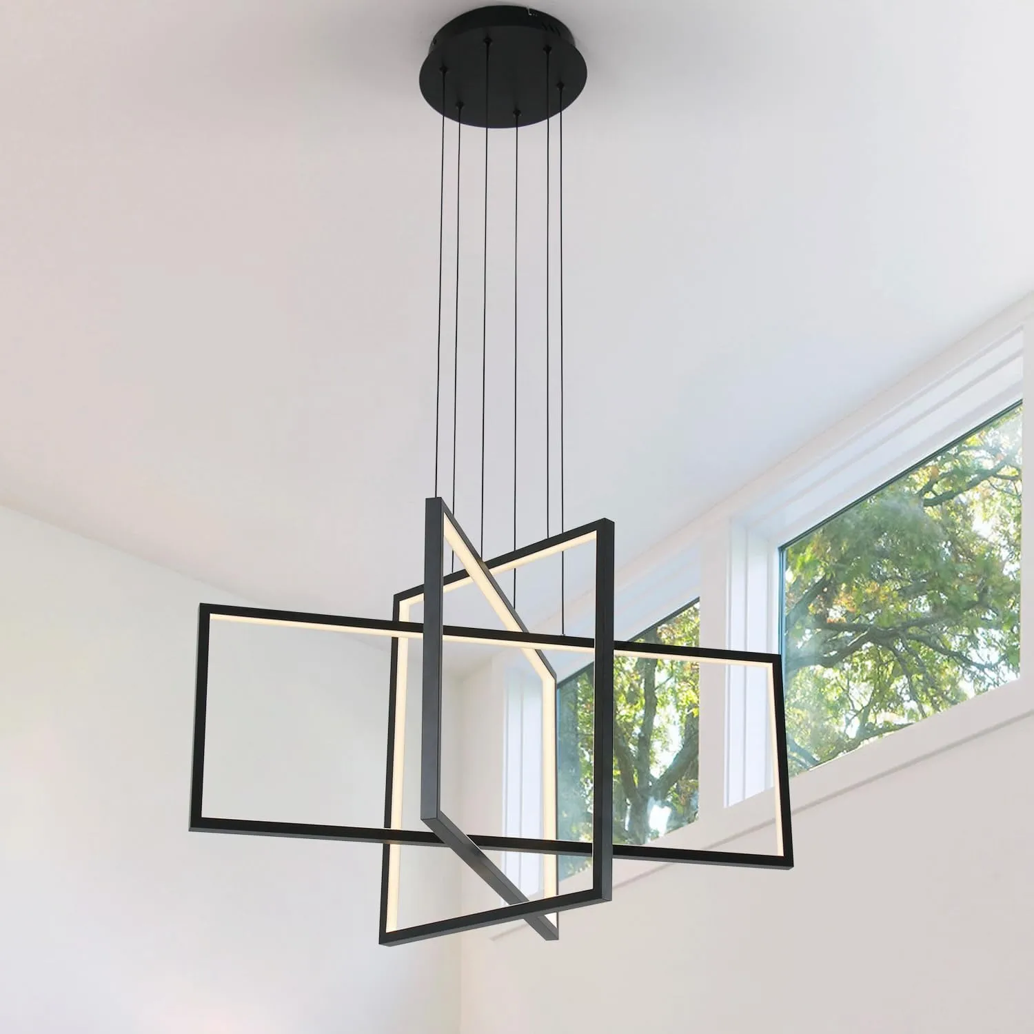 32" Modern Chandelier Unique Design 3 Lights Hanging Pendant Ceiling for Living Dining Room Stairs Restaurant Black Finish Chandeliers with Remote