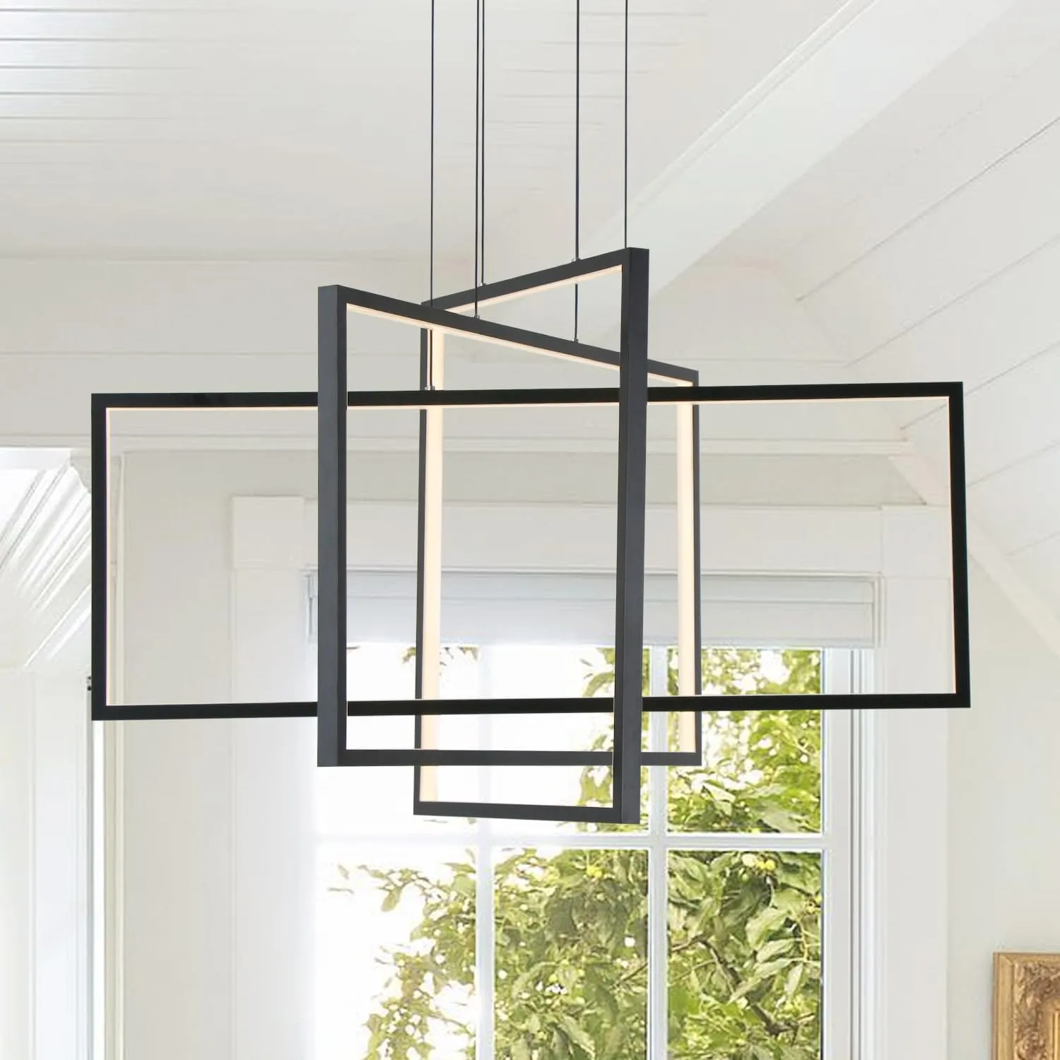 32" Modern Chandelier Unique Design 3 Lights Hanging Pendant Ceiling for Living Dining Room Stairs Restaurant Black Finish Chandeliers with Remote