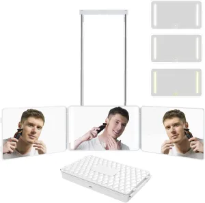 360 Mirror for Haircuts With Light, Portable 3 Way Trifold for Self Hair Cutting, See Back of Head With Hook, Ideal for Home & Travel Compact Barbers for Men & Women - Black-White