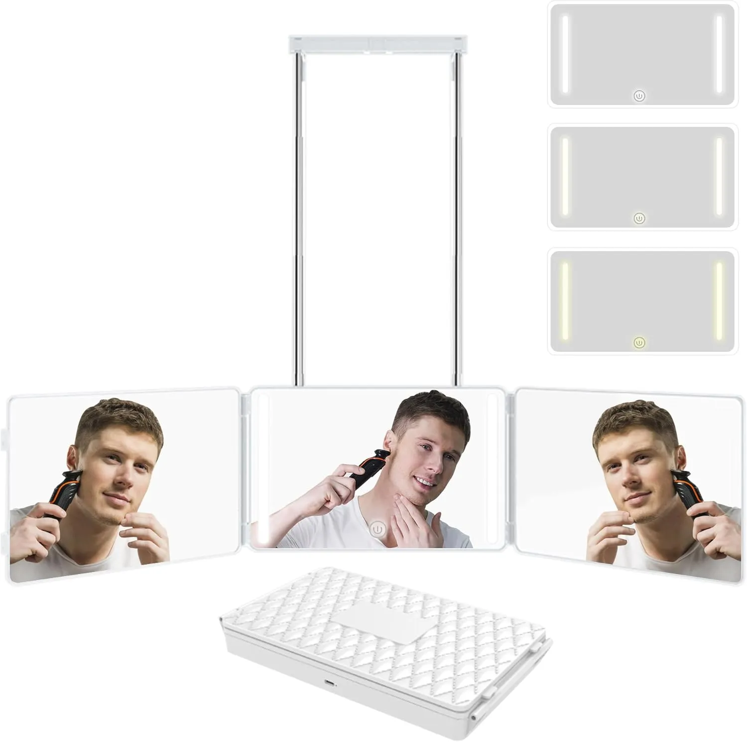 360 Mirror for Haircuts With Light, Portable 3 Way Trifold for Self Hair Cutting, See Back of Head With Hook, Ideal for Home & Travel Compact Barbers for Men & Women - Black-White