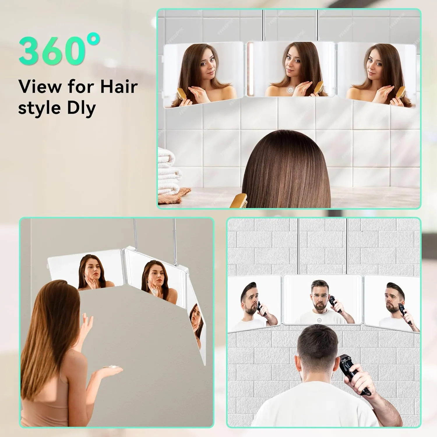 360 Mirror for Haircuts With Light, Portable 3 Way Trifold for Self Hair Cutting, See Back of Head With Hook, Ideal for Home & Travel Compact Barbers for Men & Women - Black-White