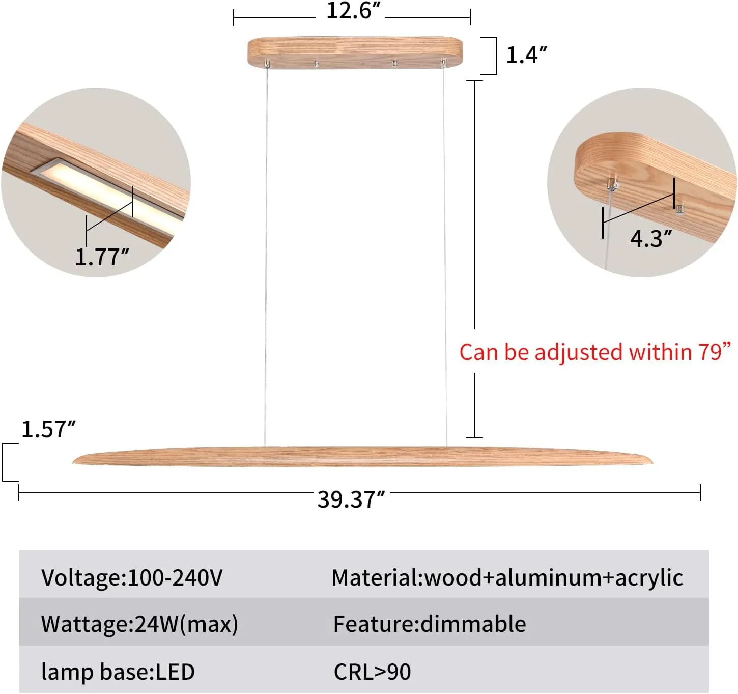 39" 24W Wood LED Linear Pendant Light Fixture Led Dining Room Light Dimmable Hanging Light Fixture for Dining Room Kitchen Island Pool Table Lights Natural Wood Color