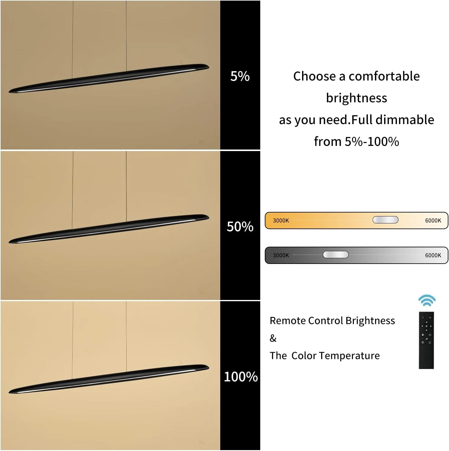 39" Wood LED Linear Pendant Light Black Linear Pendant Dinning Room Hanging Lights LED Dimmable Chandeliers 24w for Dining Room Pool Table Lights Kitchen Island Light Black
