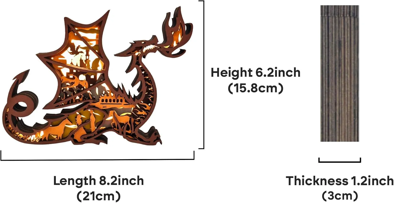 3D Wooden Animals Carving LED Night Light, Dragon Decor Wood Carved Lamp Cabin Statues Rustic Figurines Wall Hanging Sculpture Silhouette Ornament for Living Room Bedroom Home Room for Birthday Gifts