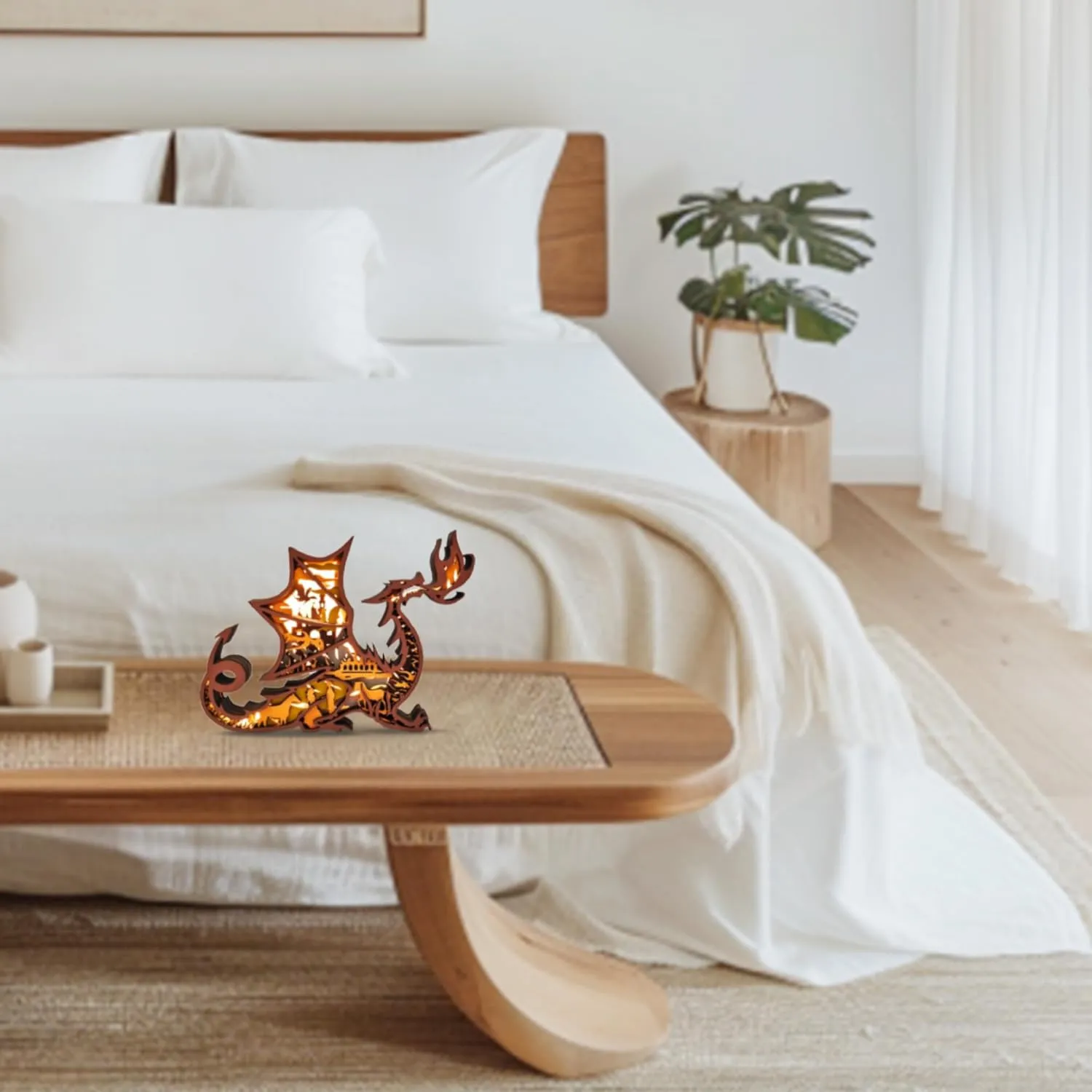3D Wooden Animals Carving LED Night Light, Dragon Decor Wood Carved Lamp Cabin Statues Rustic Figurines Wall Hanging Sculpture Silhouette Ornament for Living Room Bedroom Home Room for Birthday Gifts