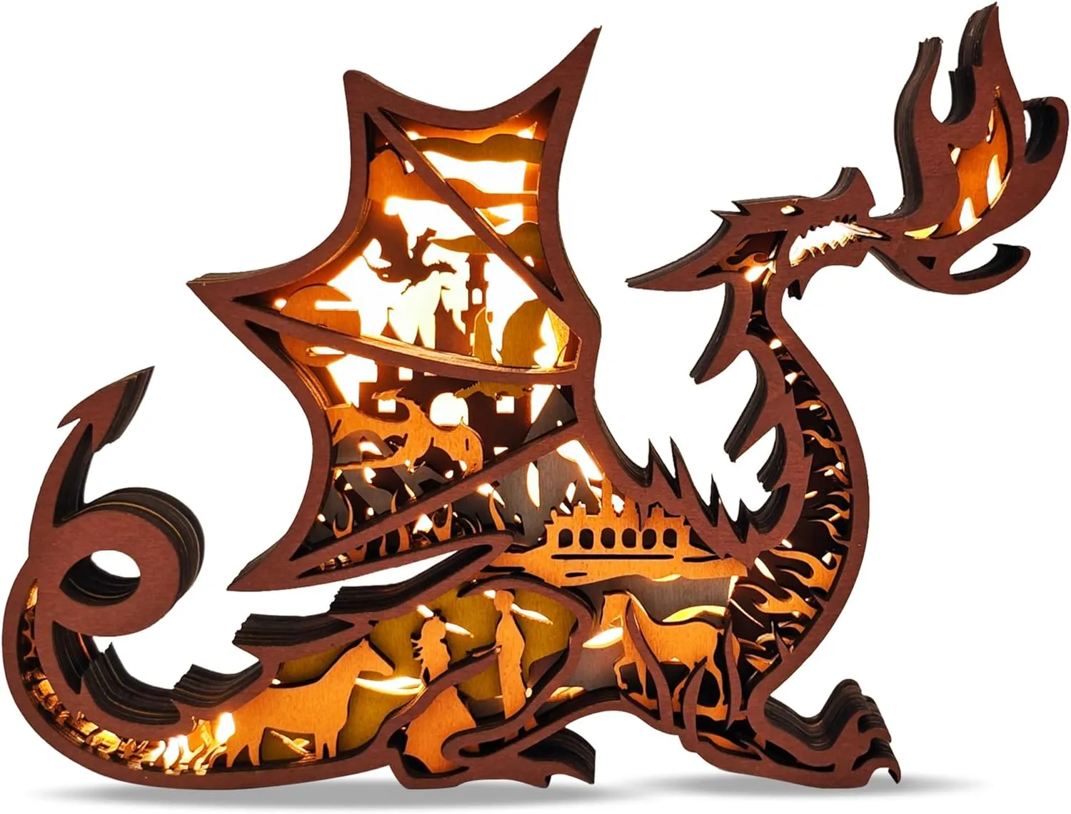 3D Wooden Animals Carving LED Night Light, Dragon Decor Wood Carved Lamp Cabin Statues Rustic Figurines Wall Hanging Sculpture Silhouette Ornament for Living Room Bedroom Home Room for Birthday Gifts