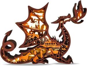 3D Wooden Animals Carving LED Night Light, Dragon Decor Wood Carved Lamp Cabin Statues Rustic Figurines Wall Hanging Sculpture Silhouette Ornament for Living Room Bedroom Home Room for Birthday Gifts