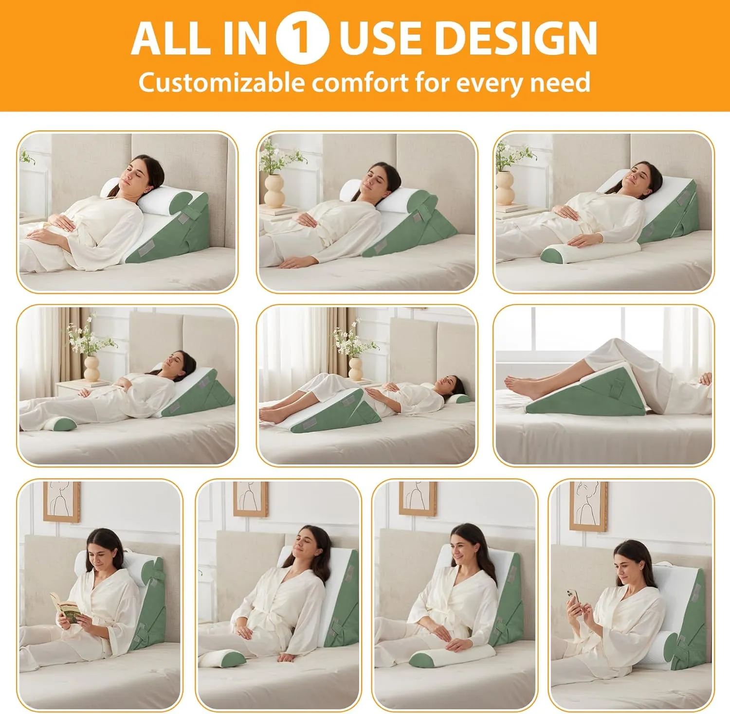 3PCS Wedge Pillow Set for After Surgery, Wedge Pillow Headboard, Adjustable 9&12 Inch Bed Pillow Wedge for Sleeping, Acid Reflux, Orthopedic Pillow Wedge for Back Pain Relief, Gerd, Green