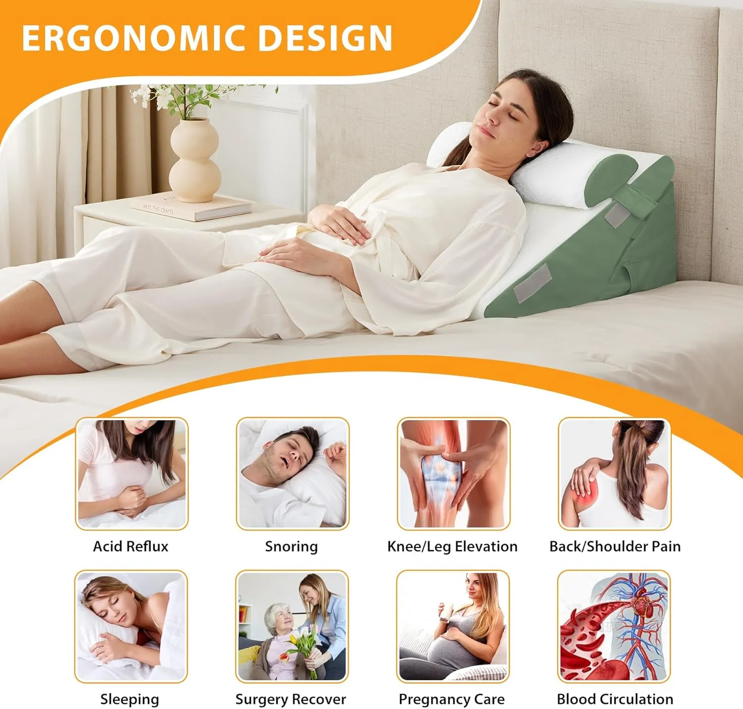 3PCS Wedge Pillow Set for After Surgery, Wedge Pillow Headboard, Adjustable 9&12 Inch Bed Pillow Wedge for Sleeping, Acid Reflux, Orthopedic Pillow Wedge for Back Pain Relief, Gerd, Green