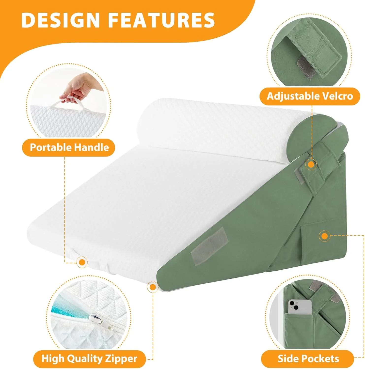 3PCS Wedge Pillow Set for After Surgery, Wedge Pillow Headboard, Adjustable 9&12 Inch Bed Pillow Wedge for Sleeping, Acid Reflux, Orthopedic Pillow Wedge for Back Pain Relief, Gerd, Green