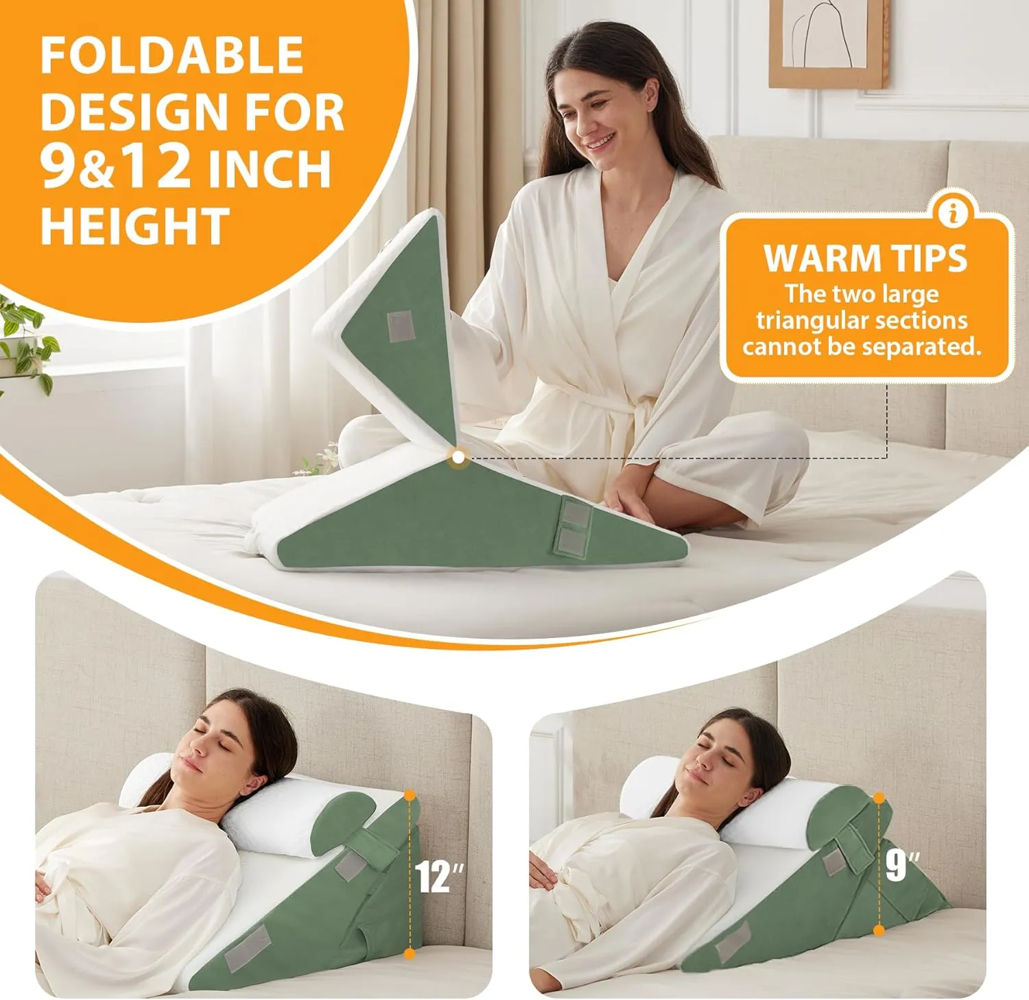 3PCS Wedge Pillow Set for After Surgery, Wedge Pillow Headboard, Adjustable 9&12 Inch Bed Pillow Wedge for Sleeping, Acid Reflux, Orthopedic Pillow Wedge for Back Pain Relief, Gerd, Green