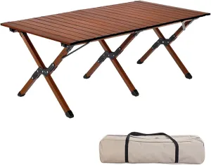 4-6 People Camping Table, Roll-Up Lightweight Picnic Table with Large Aluminum Tabletop & Carrying Bag, Portable Outdoor Folding Table for Hiking, Backpacking & Fishing(Carbon Steel Wood Gra