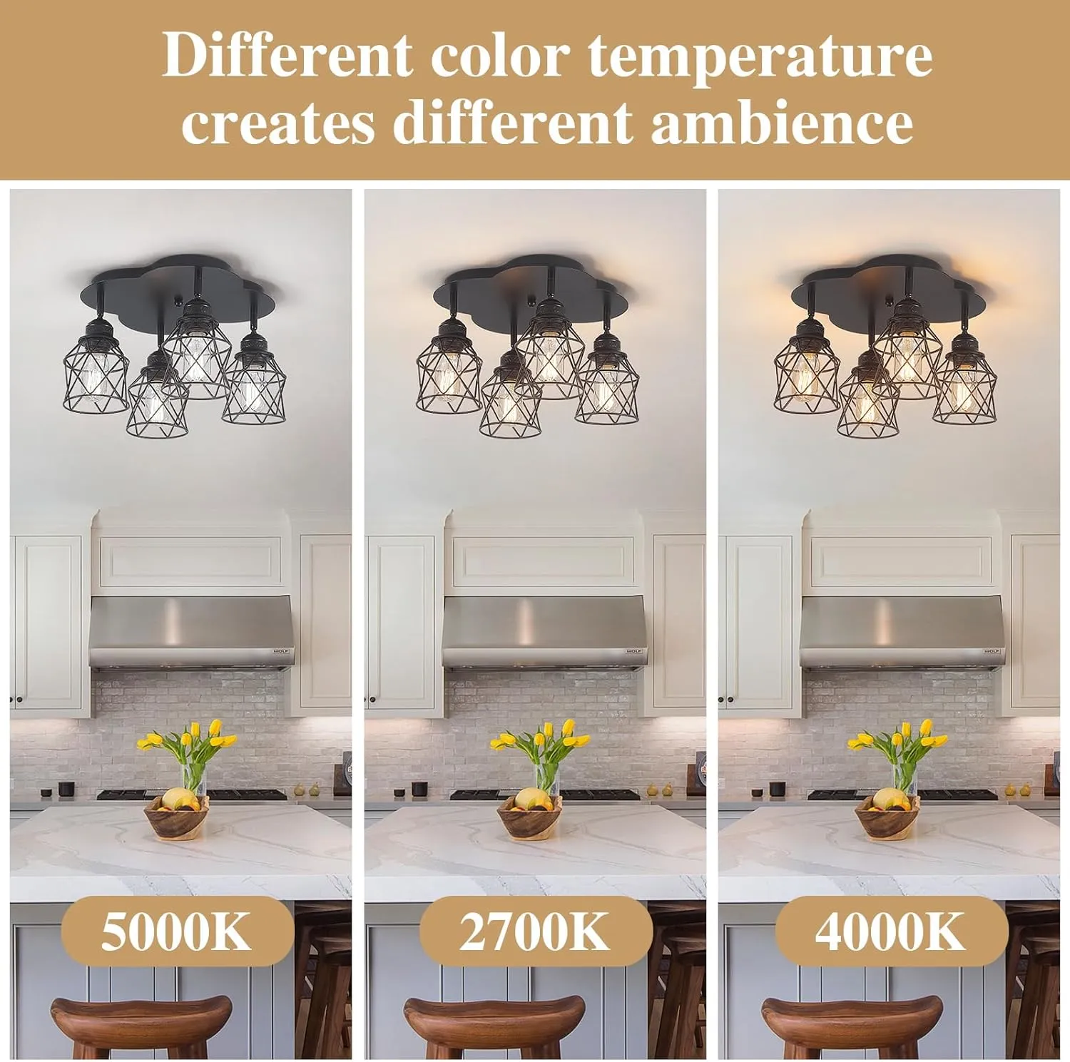 4-Lights Kitchen Light Fixtures Ceiling Mount, Adjustable Multi-Directional Black Flush Mount Ceiling Light Fixture, Vintage Metal Cage Farmhouse Lamp for Hallway, Dining Room, Farmhouse, Entryway