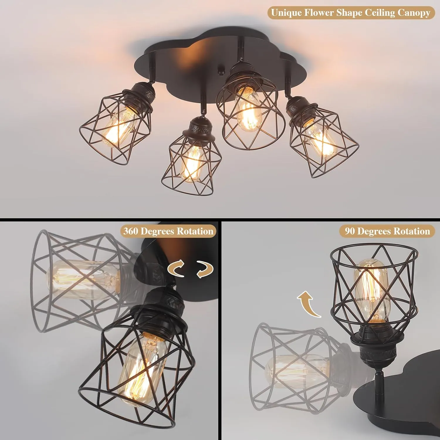 4-Lights Kitchen Light Fixtures Ceiling Mount, Adjustable Multi-Directional Black Flush Mount Ceiling Light Fixture, Vintage Metal Cage Farmhouse Lamp for Hallway, Dining Room, Farmhouse, Entryway