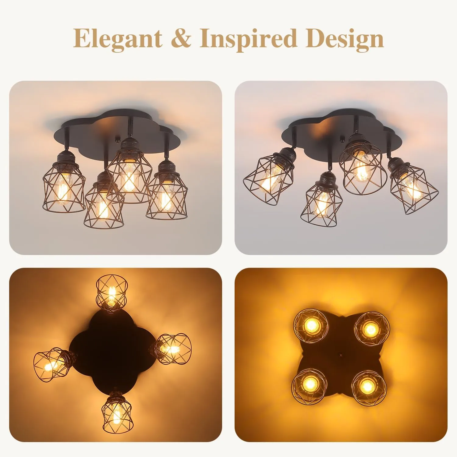 4-Lights Kitchen Light Fixtures Ceiling Mount, Adjustable Multi-Directional Black Flush Mount Ceiling Light Fixture, Vintage Metal Cage Farmhouse Lamp for Hallway, Dining Room, Farmhouse, Entryway