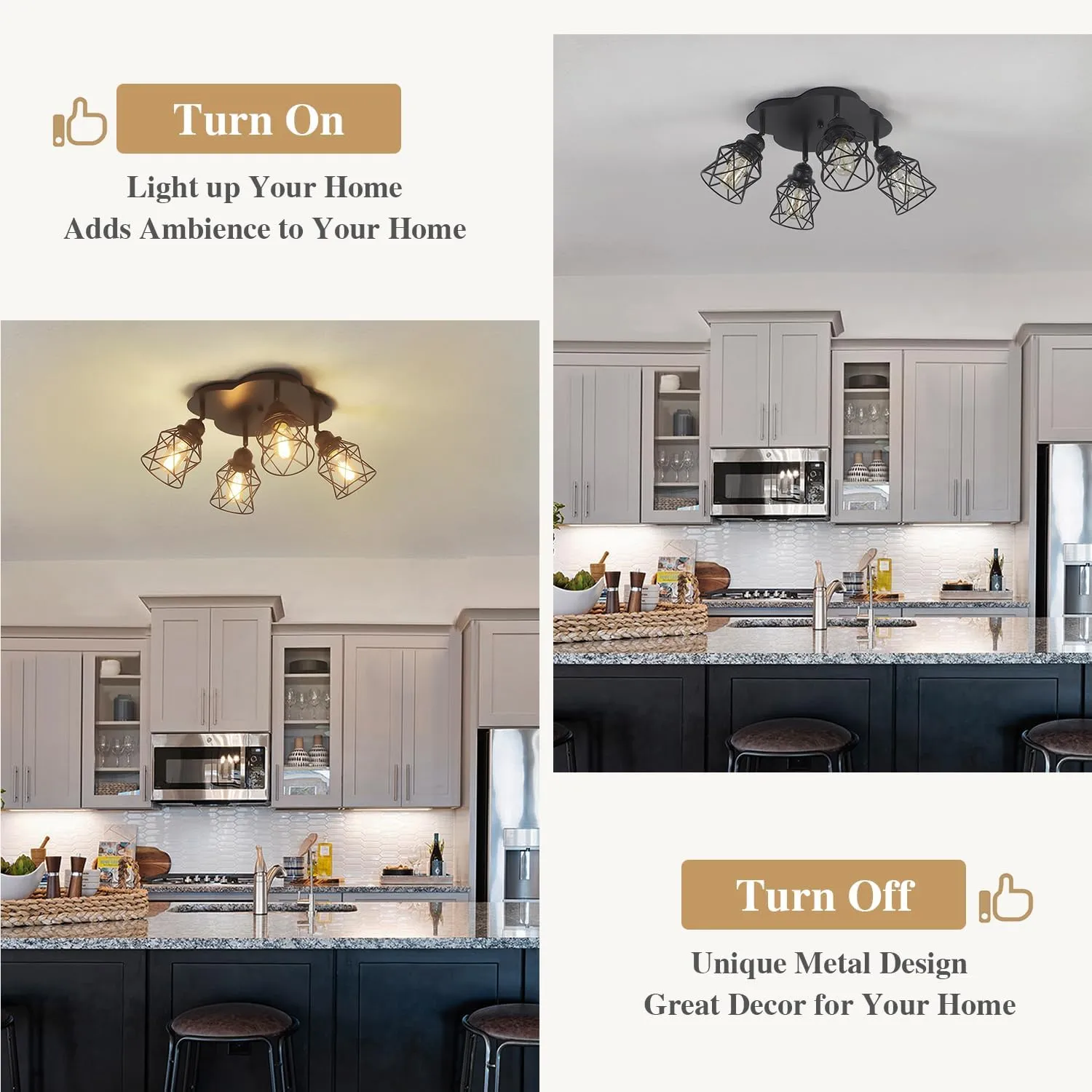4-Lights Kitchen Light Fixtures Ceiling Mount, Adjustable Multi-Directional Black Flush Mount Ceiling Light Fixture, Vintage Metal Cage Farmhouse Lamp for Hallway, Dining Room, Farmhouse, Entryway
