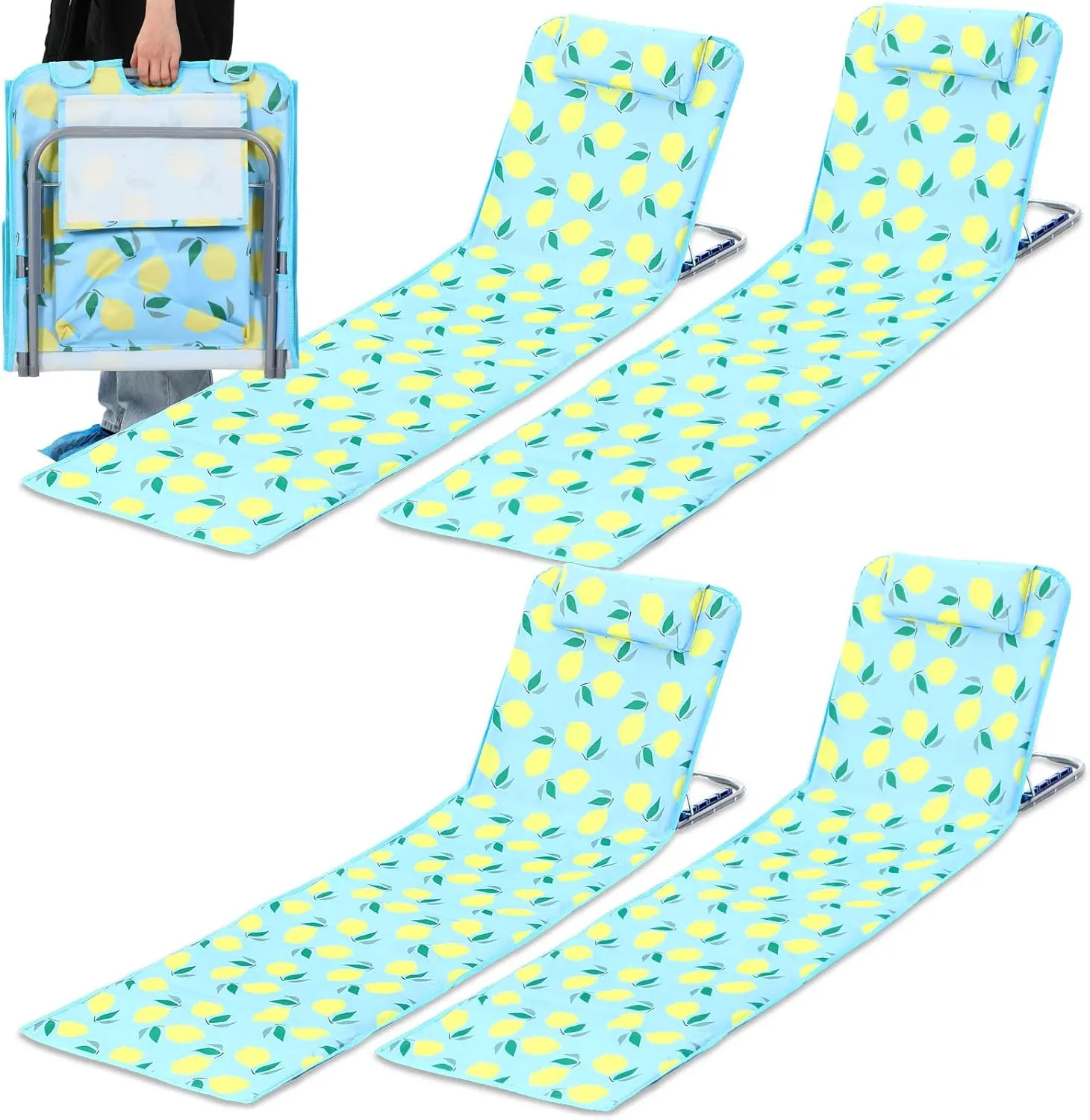 4 Pcs Portable Beach Chair with Back Support, Folding Lounge Chair for Adults 5 Position Adjustable Mat Lightweight Tanning for Outdoor Sand Camping Sunbathing