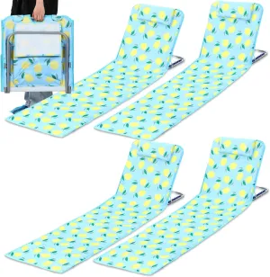 4 Pcs Portable Beach Chair with Back Support, Folding Lounge Chair for Adults 5 Position Adjustable Mat Lightweight Tanning for Outdoor Sand Camping Sunbathing