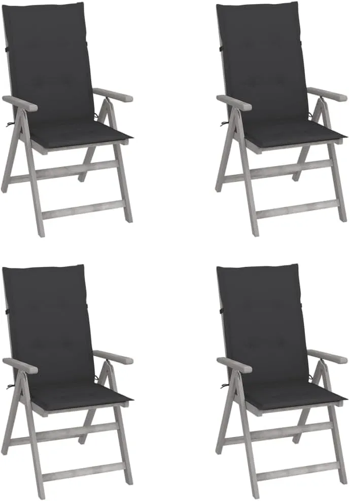 4-Piece Solid Acacia Wood Patio Reclining Chairs with Cushions, Adjustable 5-Position Gray Outdoor Lounge Chairs for Garden Poolside Dining