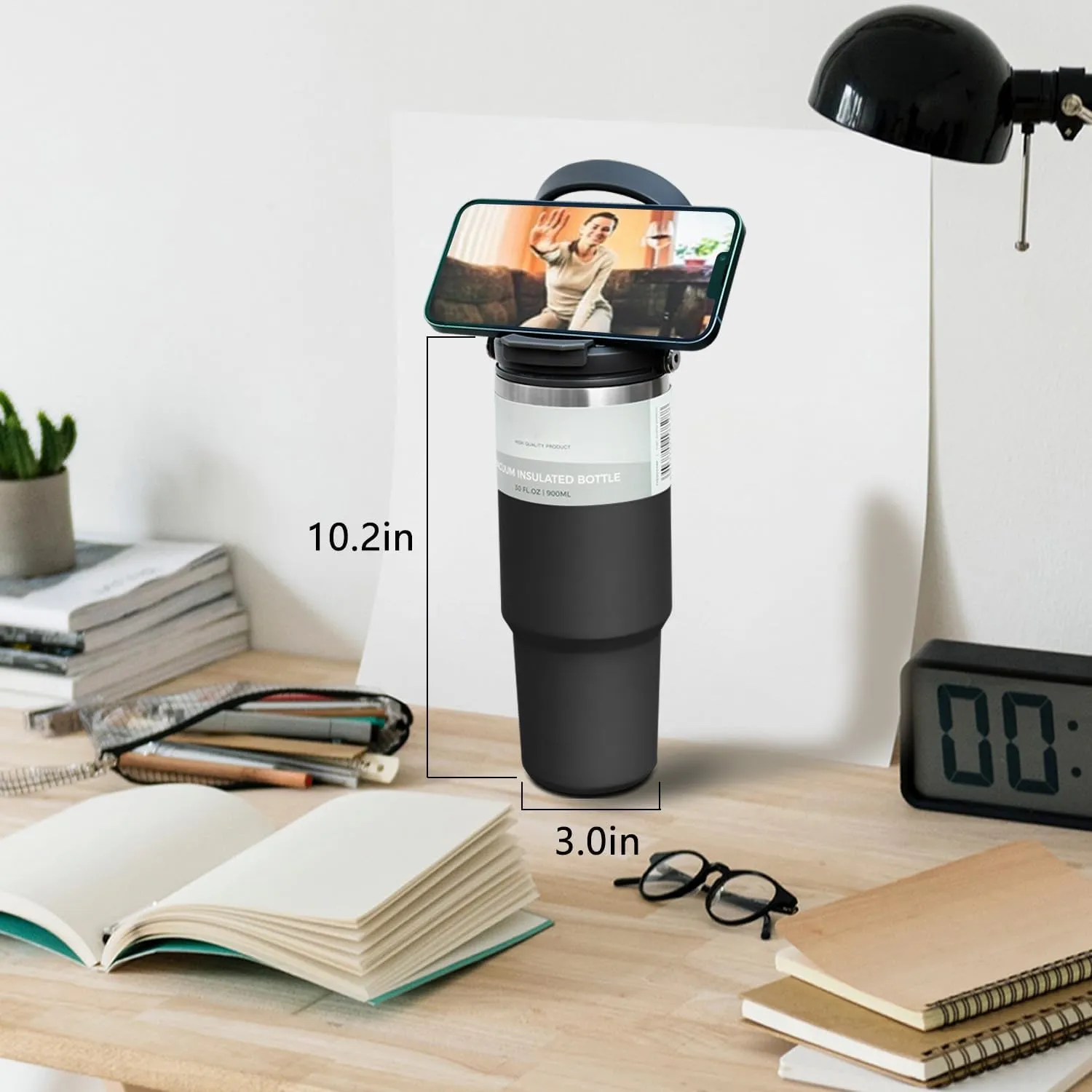 40 oz Tumbler with Handle and 2-in-1 Lid and Straw, Vacuum Insulated Coffee Tumbler Double Walled Stainless Steel Water Bottle Large Coffee Cup Leak Proof Travel Mug, Keep Cold and Hot, Black