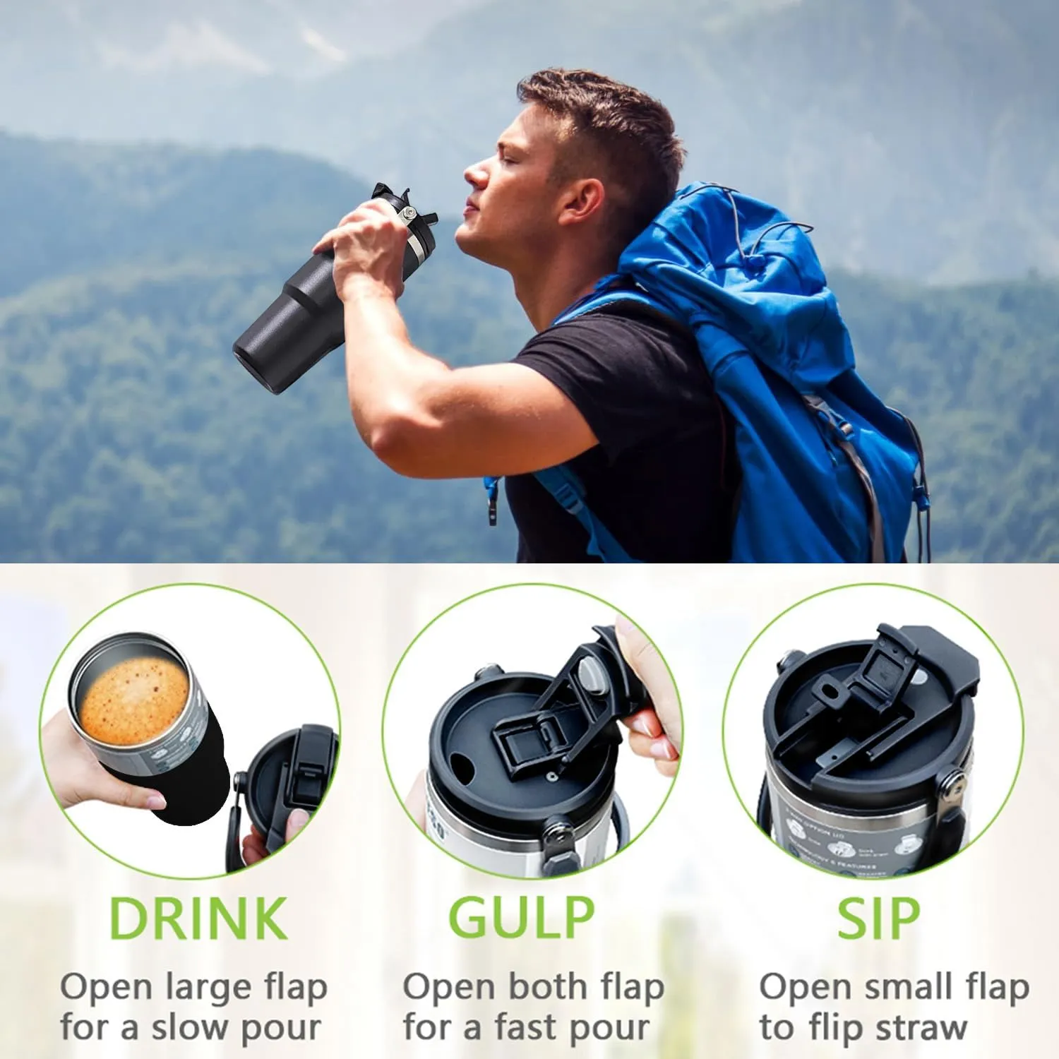 40 oz Tumbler with Handle and 2-in-1 Lid and Straw, Vacuum Insulated Coffee Tumbler Double Walled Stainless Steel Water Bottle Large Coffee Cup Leak Proof Travel Mug, Keep Cold and Hot, Black