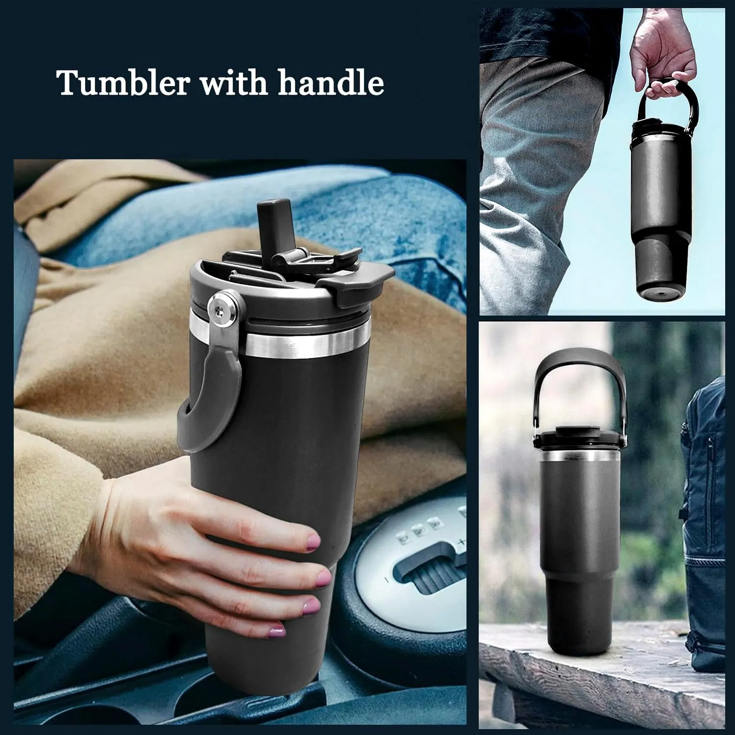 40 oz Tumbler with Handle and 2-in-1 Lid and Straw, Vacuum Insulated Coffee Tumbler Double Walled Stainless Steel Water Bottle Large Coffee Cup Leak Proof Travel Mug, Keep Cold and Hot, Black