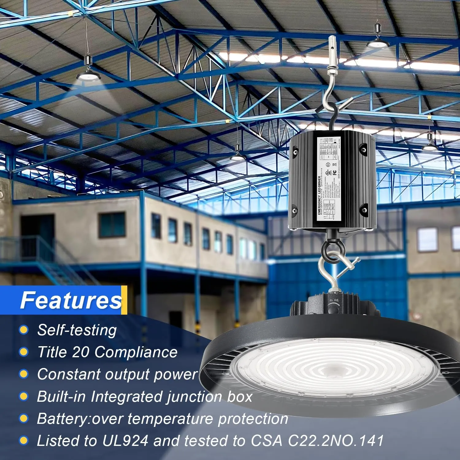 40W LED Emergency Backup Driver for Dimmable UFO LED High Bay Light, Rechargeable UL Listed Backup Battery, Emergency Time 90 Minutes, Input AC 100-347V Output DC 170V, 5 Year Warranty (4 Pack)