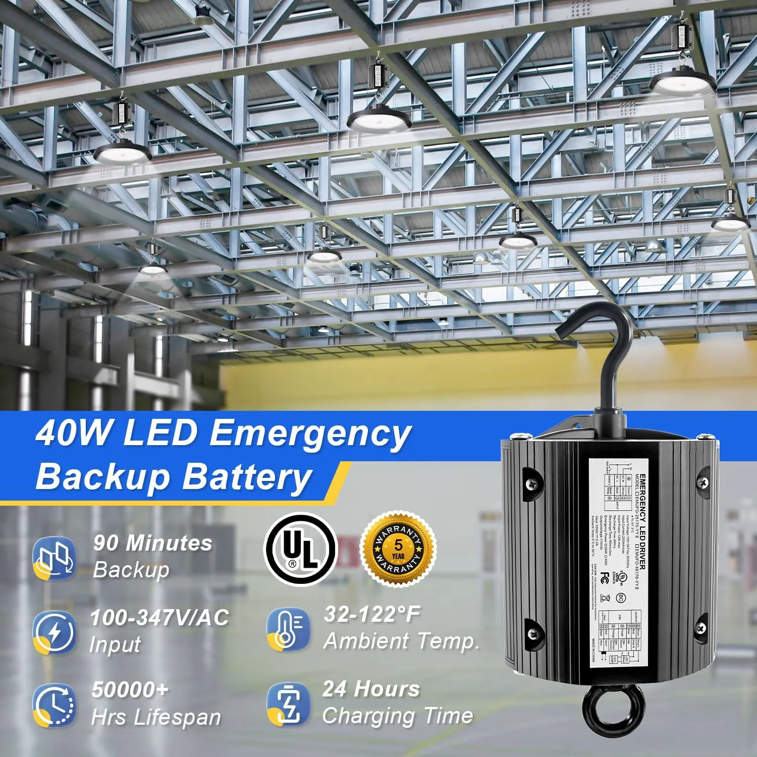 40W LED Emergency Backup Driver for Dimmable UFO LED High Bay Light, Rechargeable UL Listed Backup Battery, Emergency Time 90 Minutes, Input AC 100-347V Output DC 170V, 5 Year Warranty (4 Pack)