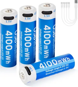 4100mWh Rechargeable Lithium AA Batteries 4 Pack, 1.5V USB Double A Lithium-ion Batteries AA Size, Long Lasting 1200 Cycles, High Capacity Battery for Toys, Flashlight, Smart Door Lock