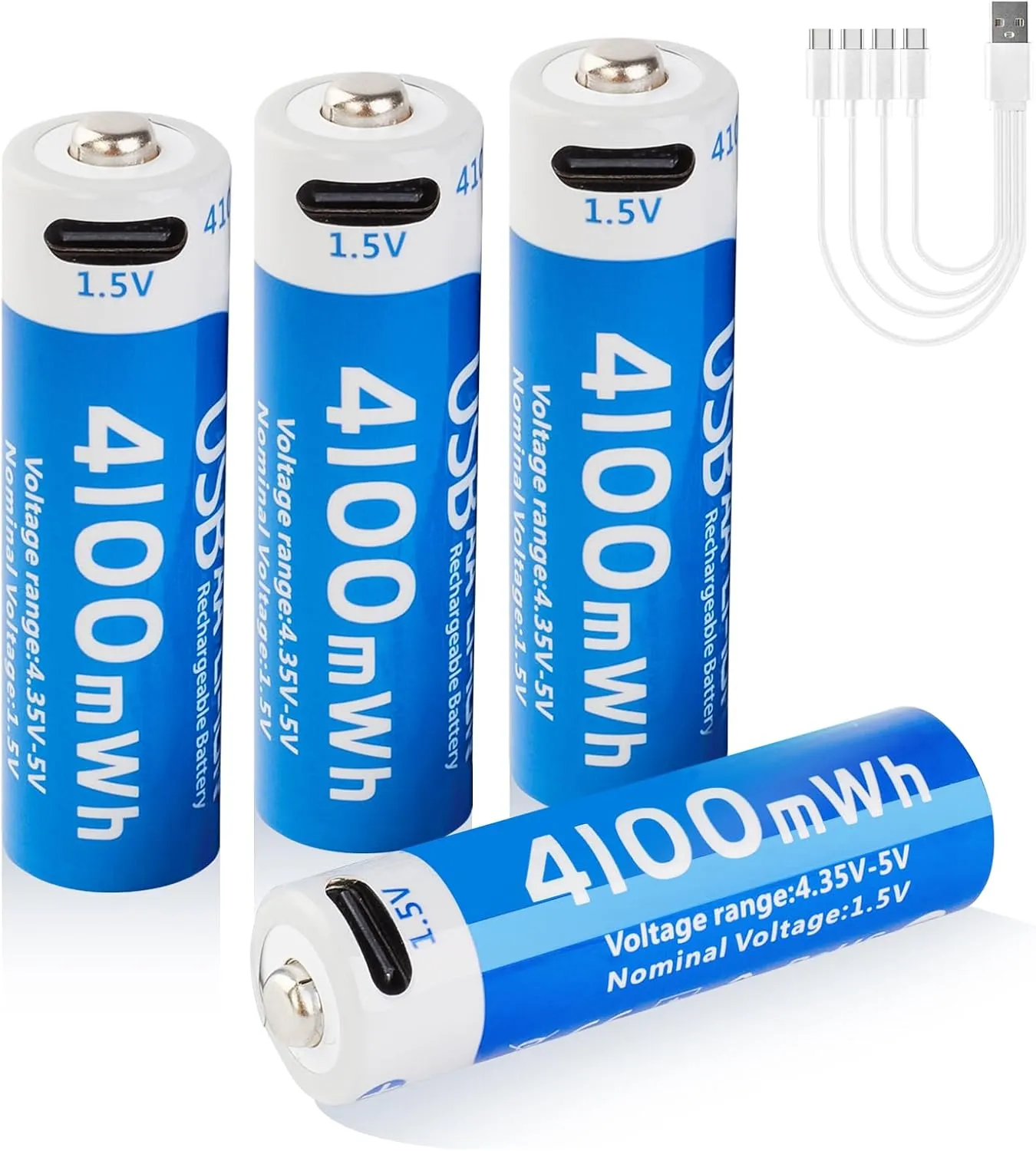 4100mWh Rechargeable Lithium AA Batteries 4 Pack, 1.5V USB Double A Lithium-ion Batteries AA Size, Long Lasting 1200 Cycles, High Capacity Battery for Toys, Flashlight, Smart Door Lock
