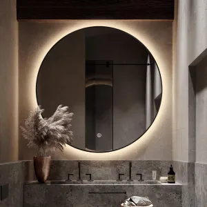 42" Round LED Bathroom Mirror, Wall Mounted Backlit Vanity Mirror with 45° Beveled Frame Lighted Mirror for Bedroom, Fog Free 3-Color Dimmable Lights Memory Function, Black