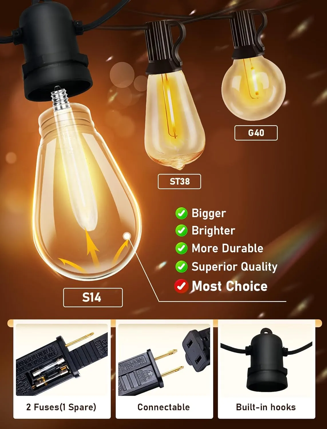 48FT Outdoor String Lights Waterproof Commercial Grade Patio Lights with 16 LED Warm White Bulbs, Dimmable Shatterproof Hanging Outdoor Light for Outside Backyard Wedding Garden Cafe Party Decorations
