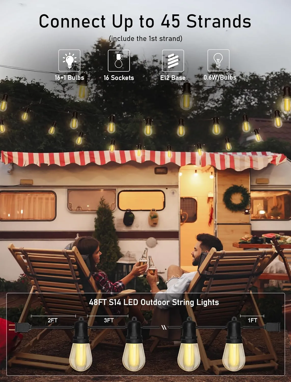 48FT Outdoor String Lights Waterproof Commercial Grade Patio Lights with 16 LED Warm White Bulbs, Dimmable Shatterproof Hanging Outdoor Light for Outside Backyard Wedding Garden Cafe Party Decorations